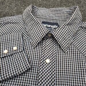 Wrangler Mens XL Blue Gray Gingham Plaid Western Pearl Snap Shirt Cowboy Rodeo